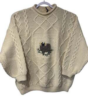 Vintage ACORN Wool Sweater L Cream Cable Knit Embroidered Ram Fisherman Cottage
